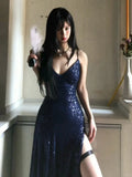 Sexy Navy Blue V-neck Lace-Up Mermaid Long Prom Dress with Slit Formal Dress HZ0311