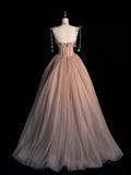 Beautiful Ball Gown Spaghetti Strap Pink Tulle Long Prom Dresses Inspiration Evening Gowns Formal Dress HZ0311