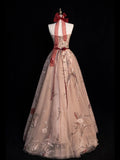 Modest Ball Gown Strapless Sleeveless Tulle Champagne Floral Long Prom Dress For Women Girls Evening Dresses HZ0311