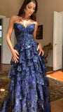 Elegant Navy Blue A-line Strapless Lace Prom Dress Tiered Skirt High Split HZ0311