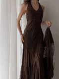 Vintage A Line Halter Brown Lace Long Prom Dresses Evening Formal Gown HZ0311