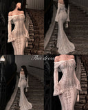 Sexy Off The Shoulder Lace Mermaid Long Sleeves Modest Prom Dresses For Women HZ0311