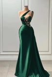 Modest Mermaid One Shoulder Dark Green Beaded Long Prom Dresses Inspiration Evening Gowns For Women Formal Party Dress HZ0311
