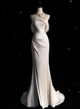 Mermaid Ivory White Satin One Shoulder Pleats Wedding Dress HZ0311