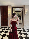 Sexy Mermaid Spaghetti Strap Burgundy Satin Long Prom Dresses Formal Gown Inspo Evening Outfits HZ0311