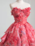 Sweet Ball Gown Sweetheart Pink Floral Chiffon Long Formal Evening Dress Formal Birthday Gowns Prom Dresses HZ0311