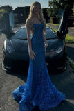 Shiny Royal Blue Mermaid Spaghetti Straps Long Beaded Prom Dress Party Gowns HZ0311