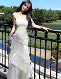 White Satin Sweetheart Mermaid Long Party Dress, White Straps Prom Dress HZ0311