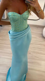 Modest Mermaid Strapless Blue Satin Floor Length Senior Prom Dresses Long Formal Party Gowns HZ0311
