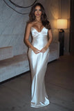 Pretty Sheath Satin Spaghetti Straps Long Prom Dresses HZ0311