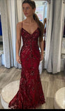 Glitter Mermaid Spaghetti Straps Burgundy Sequins Long Prom Dresses Party Dress For Women HZ0311
