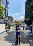 Sexy Mermaid Spaghetti Strap Satin Navy Blue Slit Prom Dresses For Teens Formal Dress Party Outfits Prom Gowns HZ0311