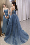 Gorgeous Blue Sparkly Tulle Beaded Prom Dress, Tiered Formal Gown with Rhinestone Party Gowns HZ0311