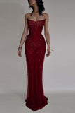 Modest Mermaid Strapless Wine Red Sequin Burgundy Prom Dresses With Beads Evening Party Formal Gown 17th Birthday Outfits HZ0311
