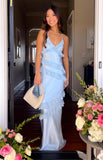 Mermaid Spaghetti Straps Blue Long Prom Dresses Chiffon Light Sky Blue Long Formal Dresses HZ0311