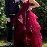 Ball Gown Spaghetti Straps Ruffled Long Prom Dress Burgundy Prom Dresses Birthday Gowns HZ0311