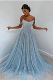 Sky Blue Off-the-Shoulder Prom Dress Long with Sequins HZ0311