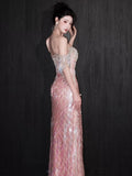 Glittery Mermaid Off The Shoulder Pink Sequins Short Sleeves Prom Dresses Inspiration Long Night Outfits Birthday Outfit HZ0311