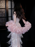Glittery Sheath Strapless With Tassels Beads Sleeveless Pink Prom Dresses Inspiration Long Night Outfits Birthday Outfits HZ0311