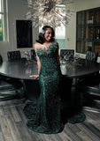 Luxury One Shoulder Satin Beaded Evening Dress Emerald Green Mermaid Prom Dresses HZ0311