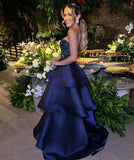 Modest Ball Gown Strapless Navy Blue Satin Beaded Long Prom Dresses Inspiration Evening Gowns For Women Formal Party Dress HZ0311