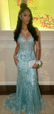 Modest Party Gowns Sleeveless Floor-Length Mermaid Blue Sequin Long Prom Dress HZ0311