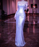 Sparkly Mermaid Strapless Lilac Sequin With Pleated Long Prom Dresses Formal Gown Inspo Evening Outfit With Sleeves HZ0311