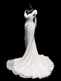 Vintage Wedding Dresses Mermaid Sweetheart Chiffon White Ruched Lace Long Brides Dress Fitted Bridal Gown HZ0311