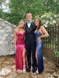 Sparkly Mermaid Spaghetti Strap Hot Pink Sequin With Slit Long Prom Dresses Formal Gown Inspo Evening Outfit HZ0311