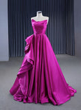 A-line Fuchsia Satin Strapless Pleats Prom Dresses Birthday Outfits HZ0311