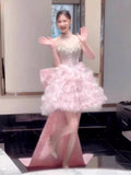 Cute Ball Gown Strapless Pink Tulle Short 16th Birthday Dress Homecoming Dresses Cocktail Gown HZ0311