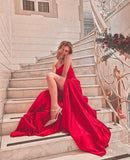 Sexy A line Spaghetti Strap Sleeveless Red Long Satin Prom Dress Inspo Prom Gown HZ0311