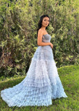 Ball Gown Sweetheart Tiered Ruffled Tulle Long Prom Dress Evening Dress Sweet 15 16 Gown HZ0311