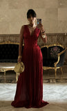 Chic A line V Neck Burgundy Chiffon Pleated Sleeveless Long Party Women Prom Dresses HZ0311
