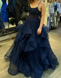 Modest Ball Gown Spaghetti Strap Navy Blue Appliques Tulle Long Prom Dresses For Teens Formal Dress Party Outfits Prom Gowns HZ0311