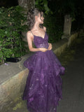 A-line Purple Tulle with Lace Applique Straps Evening Dress, Purple Tulle Long Prom Dress HZ0311