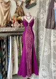 Vintage V Neck Lace Burgundy Long Prom Dress Mermaid Evening Party Gown Dance Outfits HZ0311