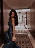 Vintage A Line Spaghetti Strap Dark Green Satin Slit Prom Dresses For Teens Formal Dress Party Outfits Prom Gowns HZ0311