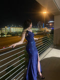 Mermaid Slit Long Mermaid Royal Blue Prom Dresses Formal Sparkly Evening Gowns HZ0311