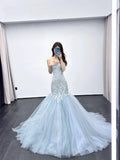New Arrival Mermaid Sweetheart Blue Tulle Long Prom Dresses Inspo Formal Night Party Dress With Lace HZ0311