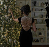 Black Velvet Evening Dress With Pearl Embellishments Party Dress Birthday Prom Dress HZ0311