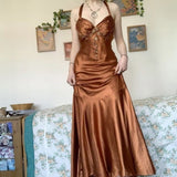 Vintage A Line Halter Brown Satin Beaded Long Prom Dresses Formal Party Dress Evening Gown HZ0311