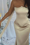 Luxury Strapless Mermaid Prom Dresses Satin Floor Length Sleeveless With Beads Ribbon HZ0311