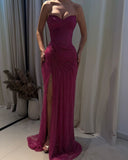 Sweetheart Sleeveless Ruch Side Slit Sheath Sparkly Prom Dresses HZ0311