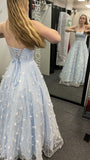 Modest A Line Sweetheart Light Sky Blue Tulle Lace Prom Dresses Long Party Dress Evening Dresses HZ0311
