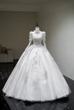 Princess Wedding Dresses Ball Gown Jewel Neckline White Glitter Tulle With Beaded Bodice Long Sleeves Brides Dress Fitted Bridal Gowns HZ0311