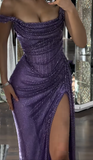 Shinning Mermaid Off The Shoulder Lilac Slit Sequins For Women Party Dresses Long Formal Prom Dresses 18th Birthday Gown HZ0311