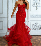 Elegant Mermaid Spaghetti Straps Red Sequin With Beadings Long Formal Prom Evening Dress Dinner Outfits Party Gowns HZ0311