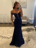 Aesthetic Navy Blue Mermaid Lace Appliques Prom Dresses Long for Women Off the Shoulder Illusion Formal Dress HZ0311