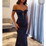Aesthetic Navy Blue Mermaid Lace Appliques Prom Dresses Long for Women Off the Shoulder Illusion Formal Dress HZ0311